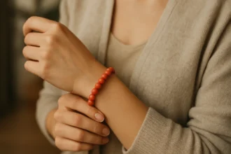 Korálový náramok na ruke s jemným dizajnom