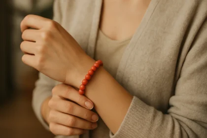 Korálový náramok na ruke s jemným dizajnom