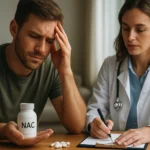 Muž s NAC doplnkom diskutuje s lekárkou o jeho účinkoch a rizikách.