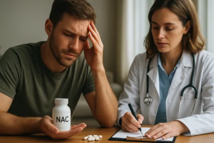 Muž s NAC doplnkom diskutuje s lekárkou o jeho účinkoch a rizikách.