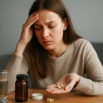 Žena s ťažkým výrazom, ktorá sa pozerá na doplnky stravy v ruke.