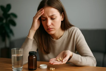 Žena s ťažkým výrazom, ktorá sa pozerá na doplnky stravy v ruke.