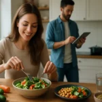 Žena vychutnávajúca si zdravý šalát v kuchyni s jedlom a mužom v pozadí.