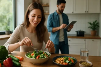 Žena vychutnávajúca si zdravý šalát v kuchyni s jedlom a mužom v pozadí.