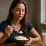 Žena si vychutnáva tvaroh v miske s pohárom mlieka