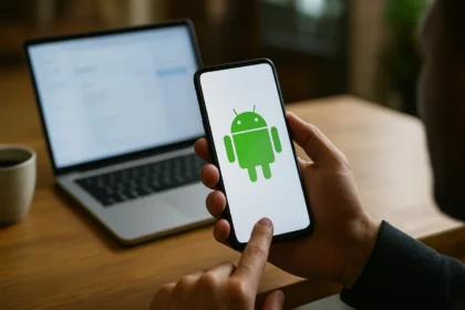 Mobil s Android logo na obrazovke v ruke používateľa.