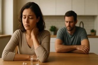 Žena s bolestivým výrazom, muž v pozadí, hormonálna nerovnováha.