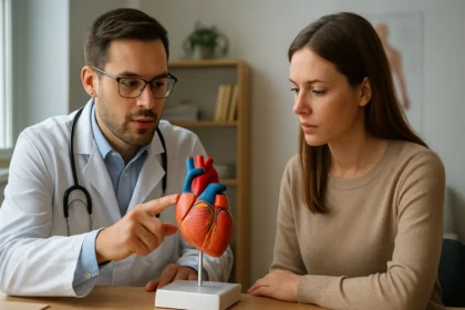 Lekár ukazuje model srdca pacientke počas konzultácie