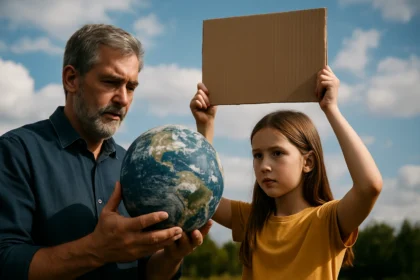 Dieťa drží planetu Zem, zatiaľ čo dospelý načúva, symbol ochrany životného prostredia.