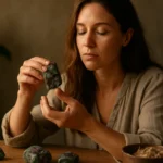 Žena skúma rubín-zoisit na drevenom stole, obklopená prírodnými prvkami.