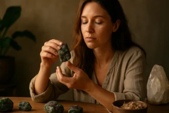 Žena skúma rubín-zoisit na drevenom stole, obklopená prírodnými prvkami.