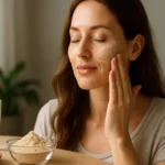 Žena nanášajúca peruánsku kremelinu na pleť pre zdravie a krásu