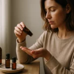 Žena aplikuje éterický olej z tmavej sklenenej fľaše