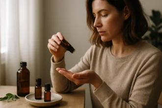 Žena aplikuje éterický olej z tmavej sklenenej fľaše