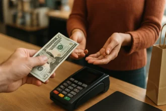 Osoba platí hotovosťou pri pokladni, čo ilustruje výhody hotovosti.