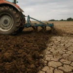 Traktor orie vysušenú a rozrušenú pôdu na poľnej ploche.