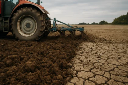 Traktor orie vysušenú a rozrušenú pôdu na poľnej ploche.