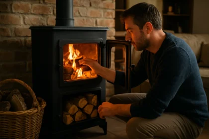 Muž obsluhujúci moderné dvojkomorové kachle v útulnej domácnosti.