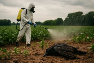 Farmer spraying pesticides in field with dead bird nearby.