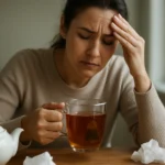 Žena sa cíti zle pri pití čaju, symbolizujúca nevýhody čaju.