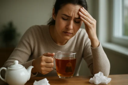 Žena sa cíti zle pri pití čaju, symbolizujúca nevýhody čaju.
