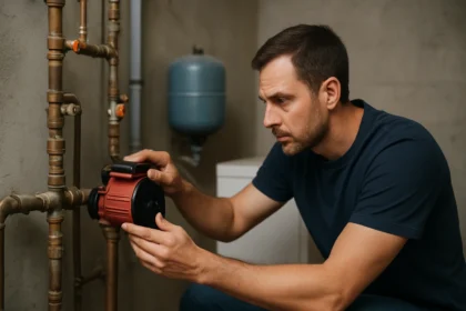 Muž kontroluje obehové čerpadlo v systéme kúrenia