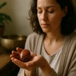 Žena meditujúca s jaspisom, objavujúca energiu a spiritualitu.