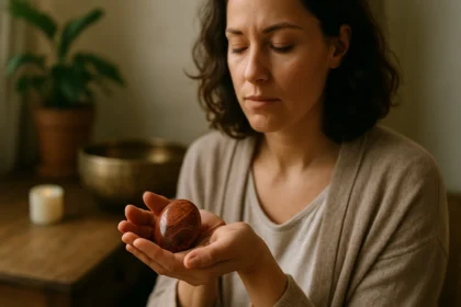 Žena meditujúca s jaspisom, objavujúca energiu a spiritualitu.