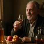 Starší muž vychutnáva pohár tradičnej pálenky s jablkami na stole.