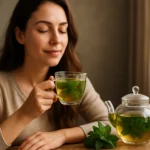 Žena vychutnáva mätový čaj s čerstvými bylinkami