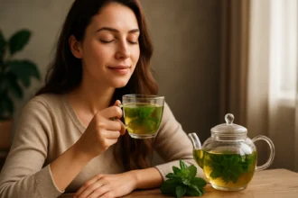 Žena vychutnáva mätový čaj s čerstvými bylinkami