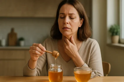 Žena s medom, ktorý pomáha pri problémoch so štítnou žľazou.