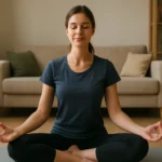 Žena cviči jogu doma, zlepšuje dýchanie a harmóniu.