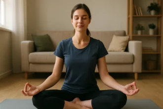 Žena cviči jogu doma, zlepšuje dýchanie a harmóniu.