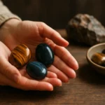 Ruky drží kameňe tigrie oko, mačacie oko a sokolie oko