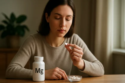 Žena berie horčíkový doplnok v domácom prostredí.