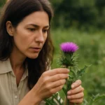Žena skúma liečivú rastlinu silfium s fialovým kvetom v prírode.