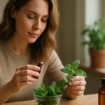 Žena pripravujúca esenciálny olej z mäty kučeravej s čerstvou mätou