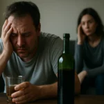 Muž trpiaci alkoholizmom s pohárom alkoholu a depresívnym výrazom.