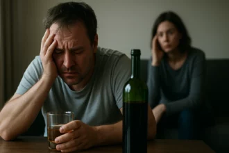 Muž trpiaci alkoholizmom s pohárom alkoholu a depresívnym výrazom.