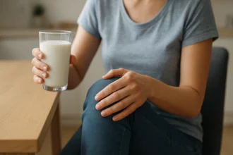 Žena drží pohár mlieka a dotýka sa kolena