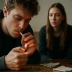 Mladý muž fajčí bylinné drogy, zatiaľ čo žena ho pozoruje.