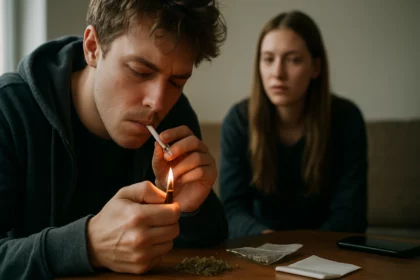 Mladý muž fajčí bylinné drogy, zatiaľ čo žena ho pozoruje.