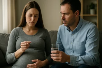 Tehotná žena premýšľa nad užitím DopEgyt s partnerom.