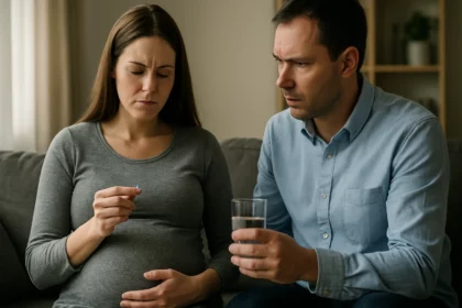 Tehotná žena premýšľa nad užitím DopEgyt s partnerom.