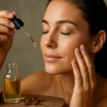 Žena aplikuje olej na pleť pomocou kvapkadla, obklopená klinčekmi.