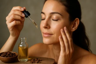 Žena aplikuje olej na pleť pomocou kvapkadla, obklopená klinčekmi.