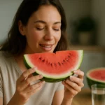 Žena si vychutnáva vodný melón ako osviežujúce a zdravé ovocie.