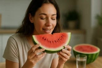 Žena si vychutnáva vodný melón ako osviežujúce a zdravé ovocie.