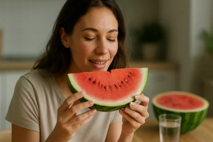 Žena si vychutnáva vodný melón ako osviežujúce a zdravé ovocie.